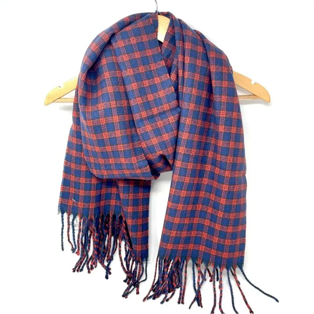 Renne's NYC Blue & Red Woven Plaid Scarf, Rectangle Scarf, Women's Men's Unisex